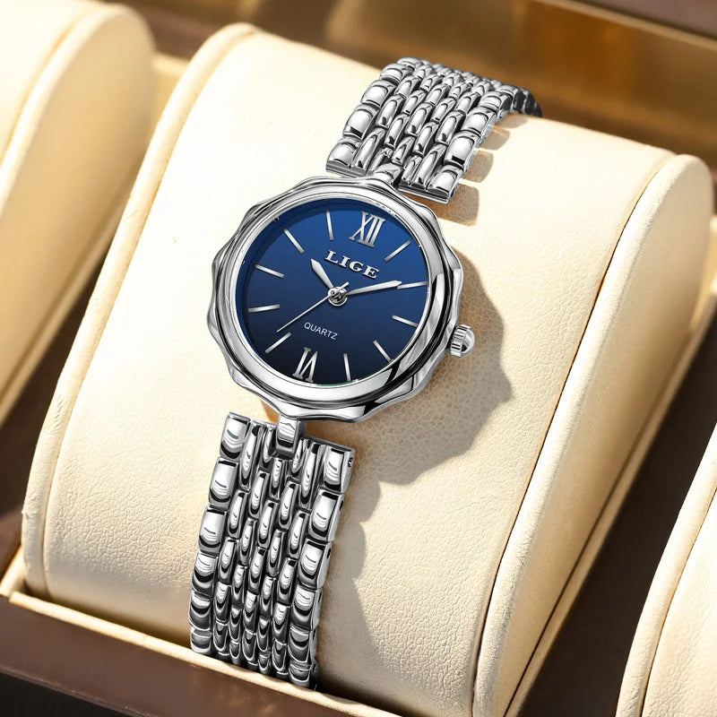 Women's Roman Dial Link Bracelet Quartz Watch — Silver Tone / Blue Dial — BandsCo Straps