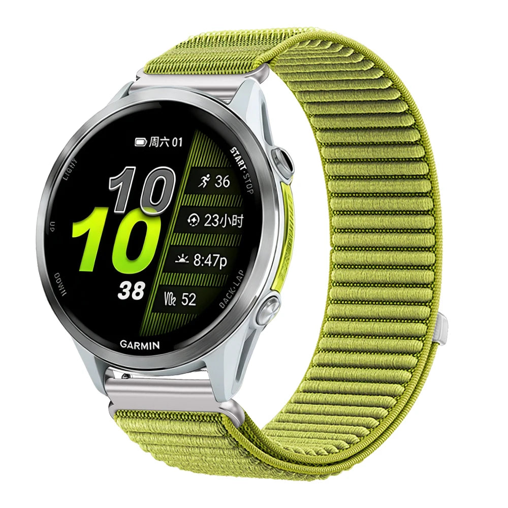 OnePlus Smartwatch Nylon Band Adjustable Breathable Sport Watch Strap on a modern digital watch face with a green fabric strap.