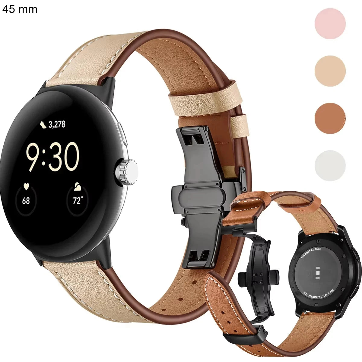 Google Pixel Watch 5, 4 and 3 45mm Leather Band, Butterfly Clasp