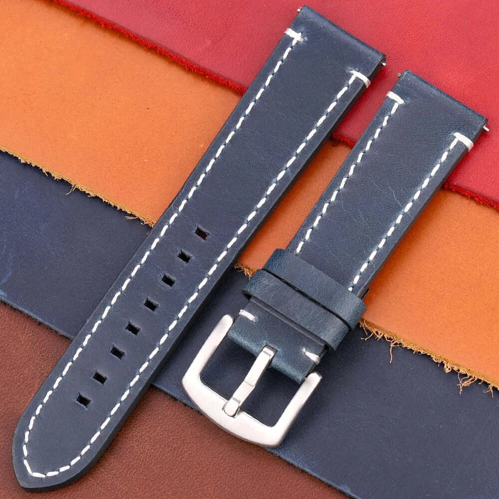 Contrast-Stitched Leather Buckle Band in Navy Blue / Silver Buckle for compatible Huawei watches
