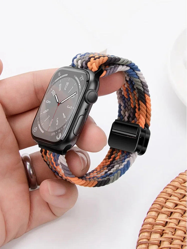 Braided strap and clasp held for detail for Apple Watch