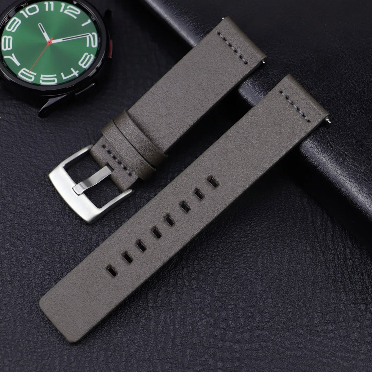 OnePlus Smartwatch Bands Leather Strap for Men Women Quick Release in green and gray colors next to a black background.