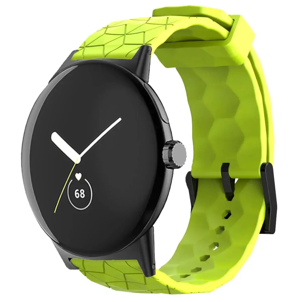 Lime geometric silicone band mounted on a Pixel Watch