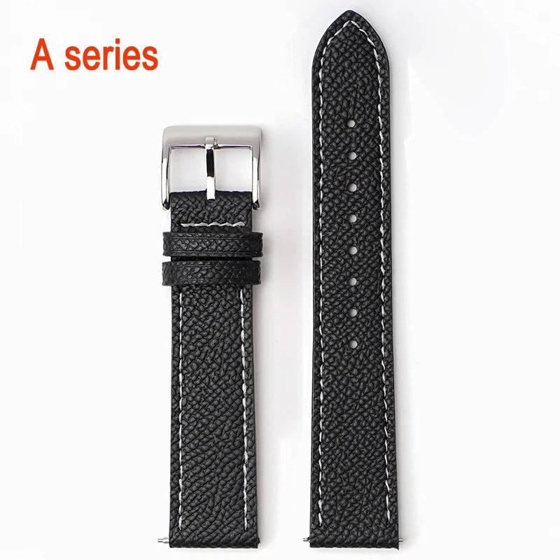 Garmin Epsom Leather Band in Black, White Stitching with Silver Buckle