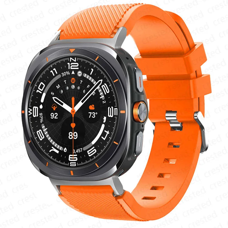 Samsung Galaxy Silicone Sport Watch Band - 20mm/Ultra+Ultra2 in Emma Orange color on a smartwatch.
