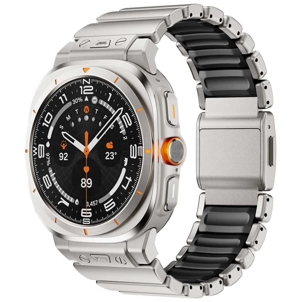 Samsung Galaxy Watch Ultra/Ultra2 Stainless Steel & Silicone Magnetic Band in titanium black and orange, showcasing durable design.