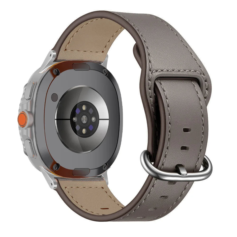 Samsung Galaxy Genuine Leather Watch Band Replacement Watch8/Watch8 Classic/Watch9 in cocoa color with polished metal buckle.