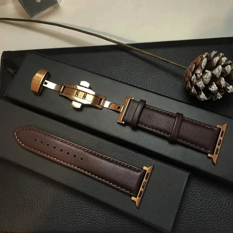 Dark brown stitched leather strap with gold folding clasp for Apple Watch