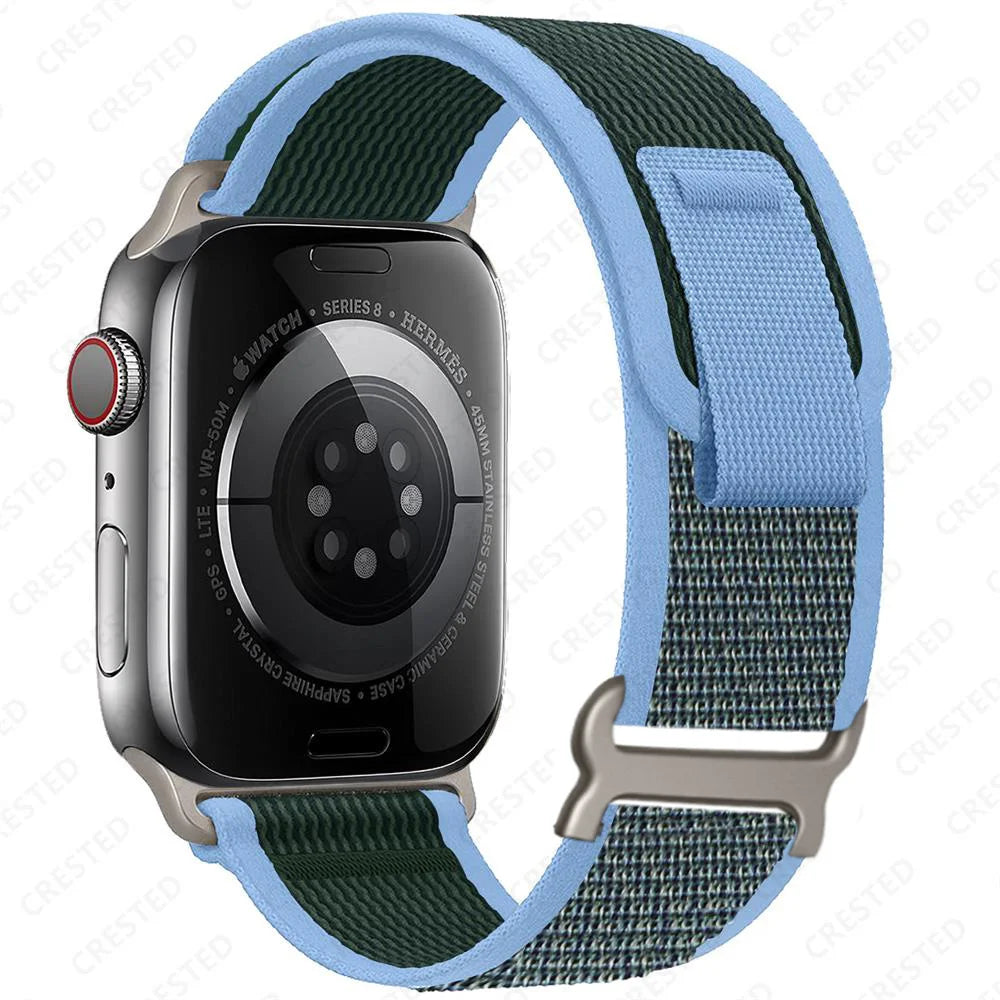 Two-Tone Nylon Apple Watch Trail Loop with Pull Tab in Forest Green / Light Blue