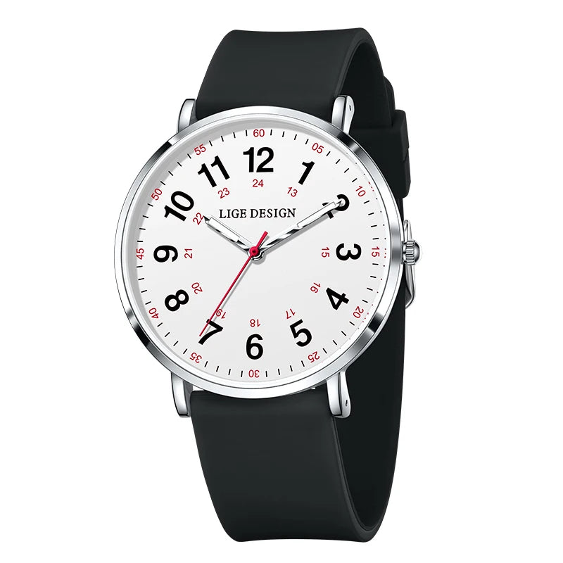 Women's Arabic Numeral Silicone Quartz Watch — Black / Silver Tone / White Dial — BandsCo Straps