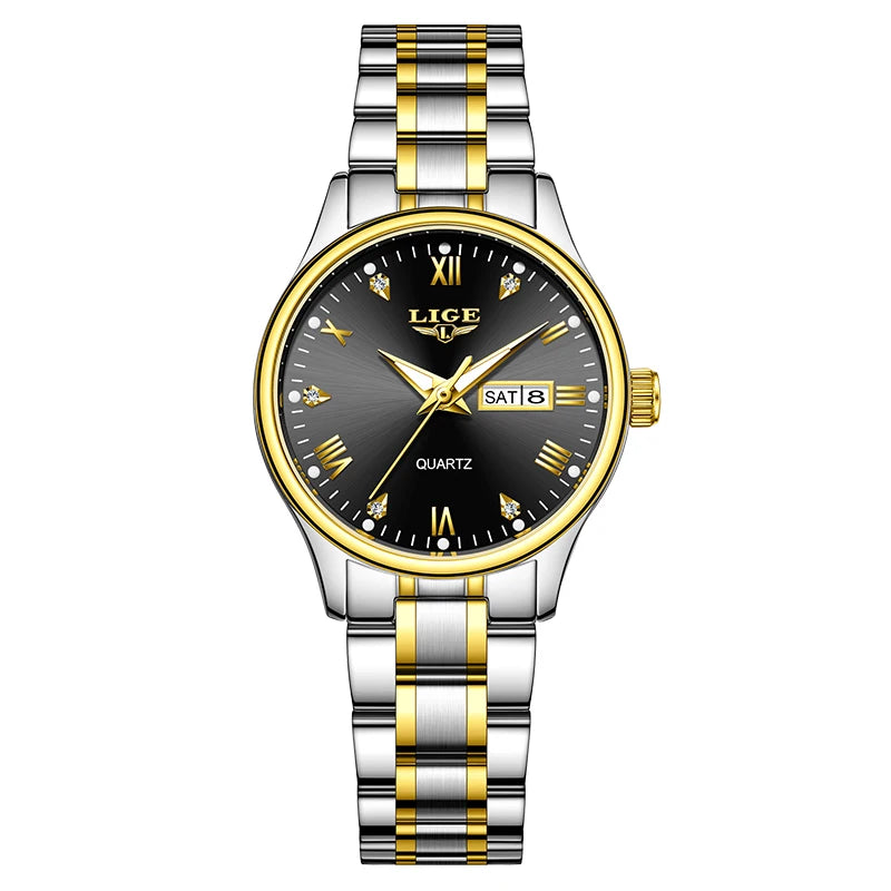 Women's 29mm Day-Date Quartz Bracelet Watch — Silver & Gold Tone / Black Dial