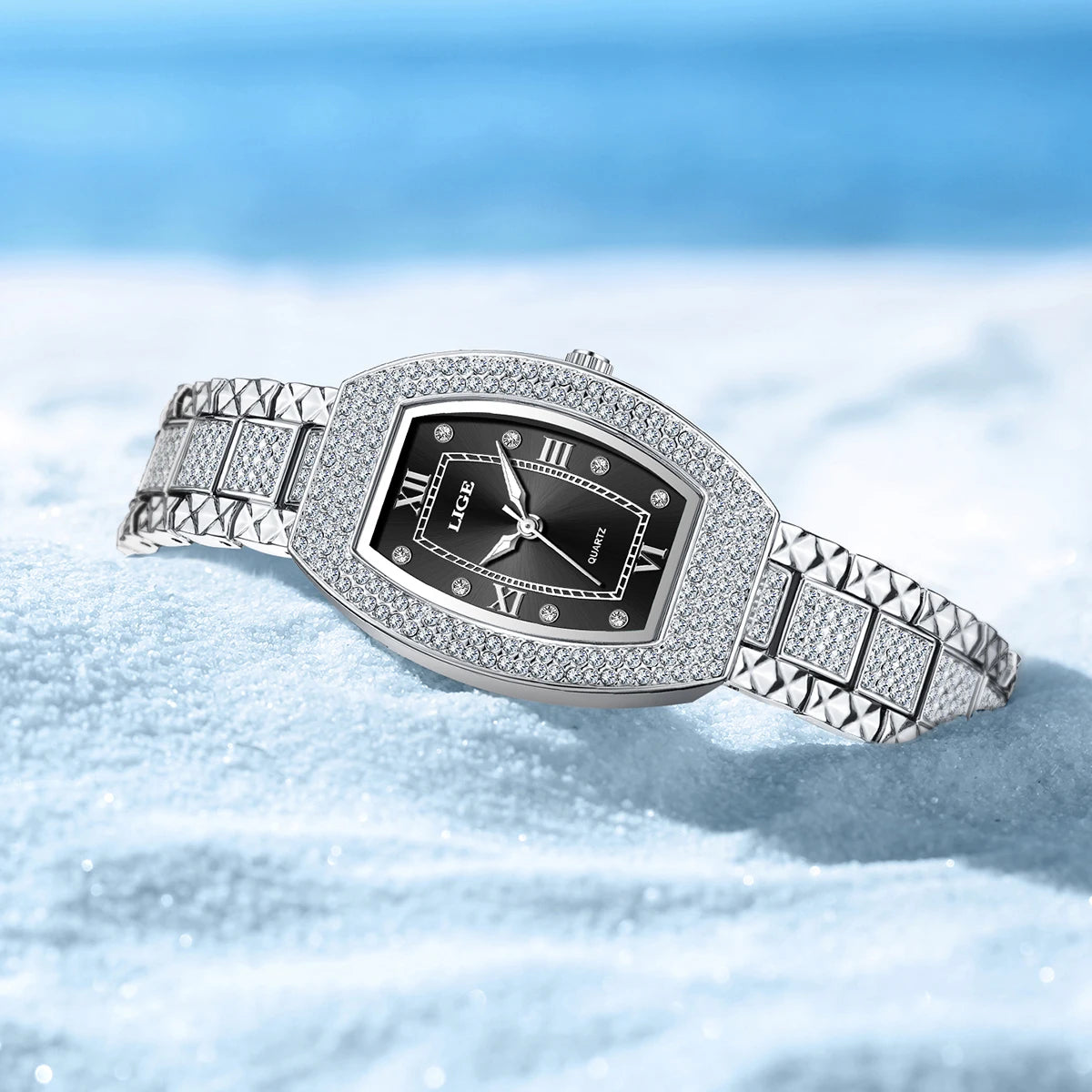 Women's Crystal Tonneau Quartz Bracelet Watch — Black dial watch side view