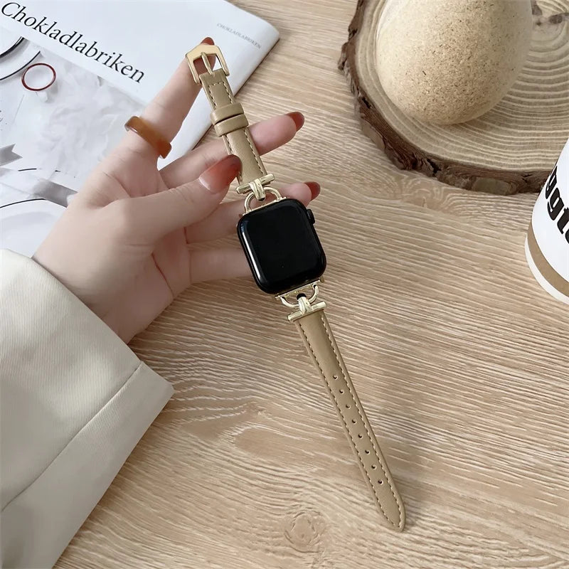 Gold / Beige slim leather Apple Watch band with decorative connectors