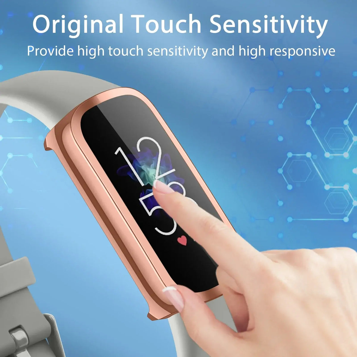 User interacting with a Fitbit Luxe, showcasing original touch sensitivity and responsive design.