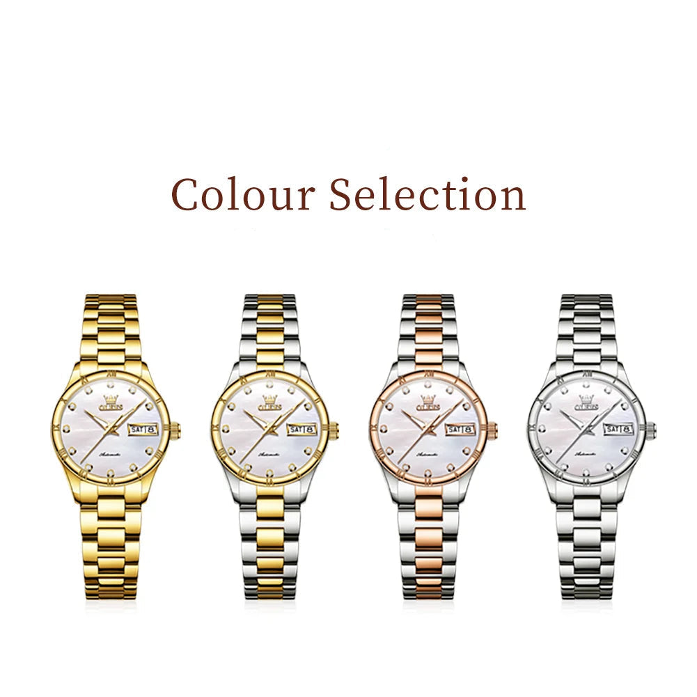 Women's Automatic Pearl-Effect Day-Date Watch — Four bracelet finishes compared — BandsCo Straps