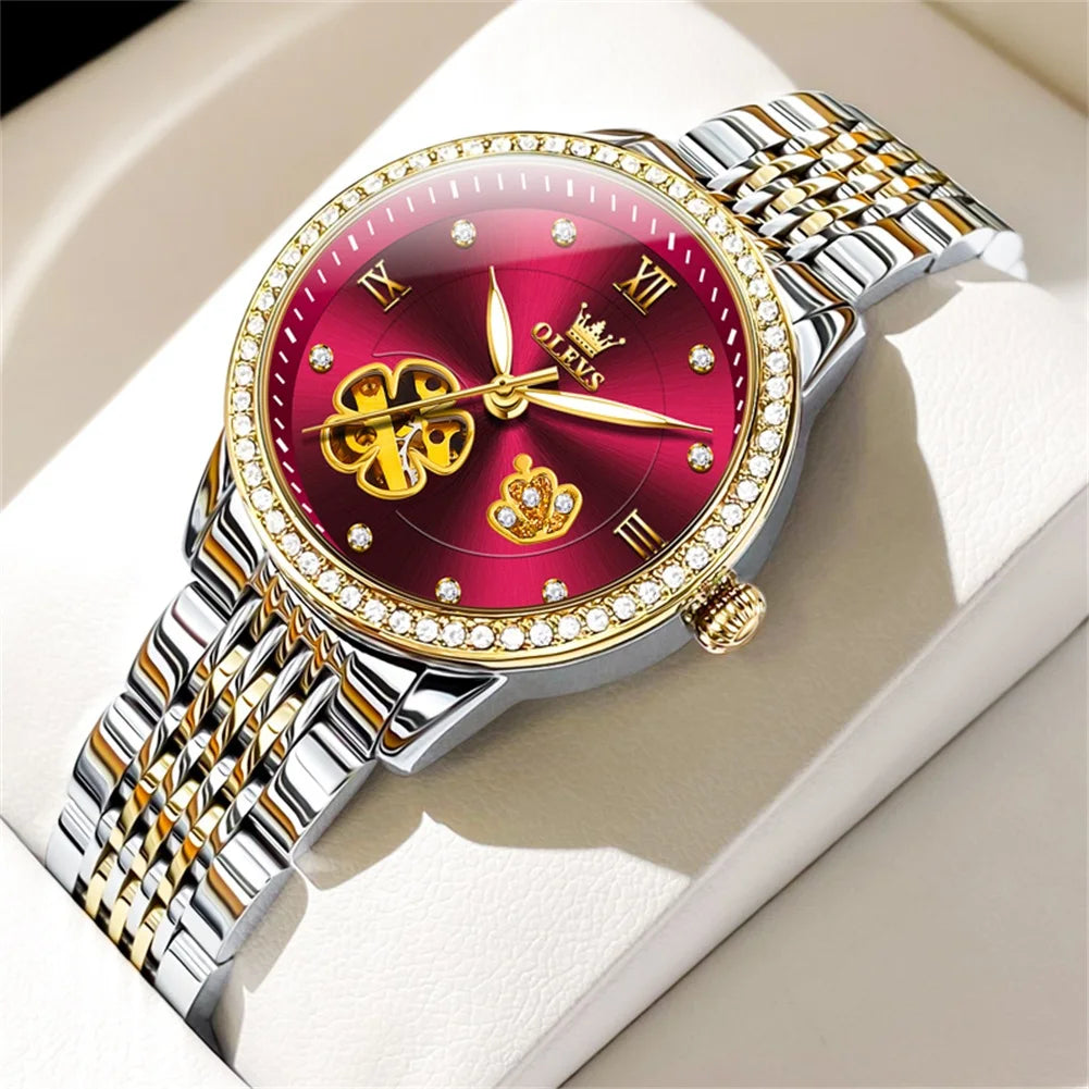 Women's Floral Openwork Automatic Bracelet Watch — Red — BandsCo Straps