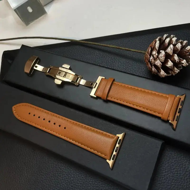 Leather Apple Watch Band with Folding Clasp in Gold / Tan