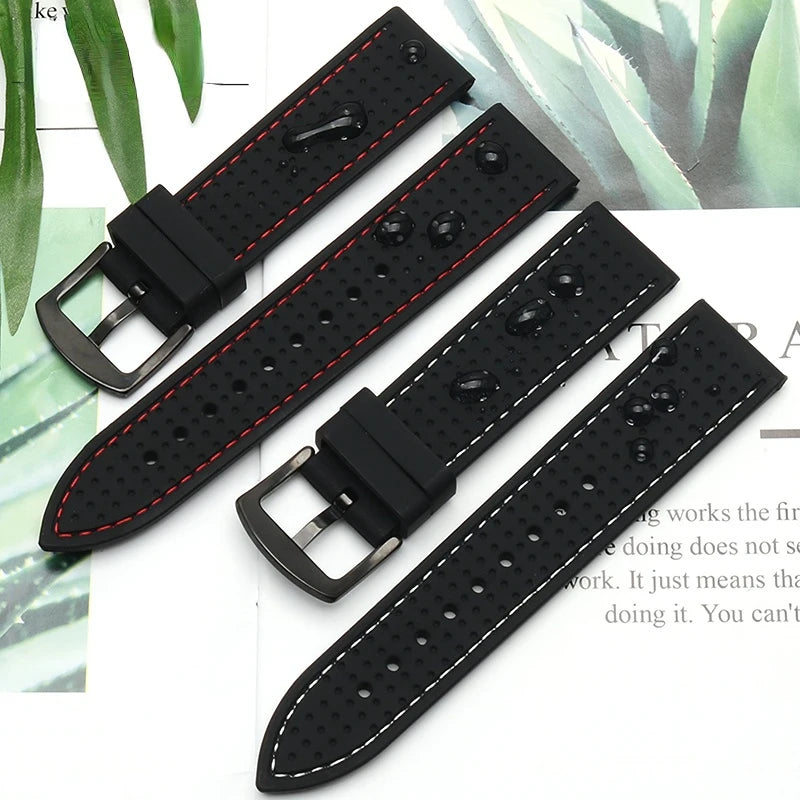 Motorola Moto Perforated Silicone Band with Contrast Stitching — Black straps with red and white stitching