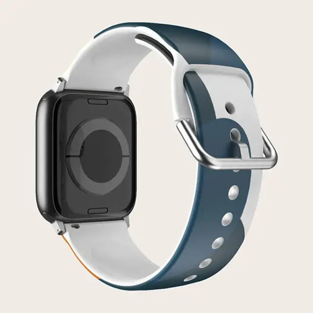 Navy / White Abstract Apple Watch band with buckle and adjustment holes.