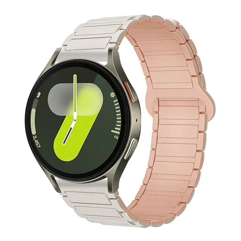 OnePlus Smartwatch Sport Magnetic Silicone Watch Band Strap in silver and rose gold color on a smartwatch.