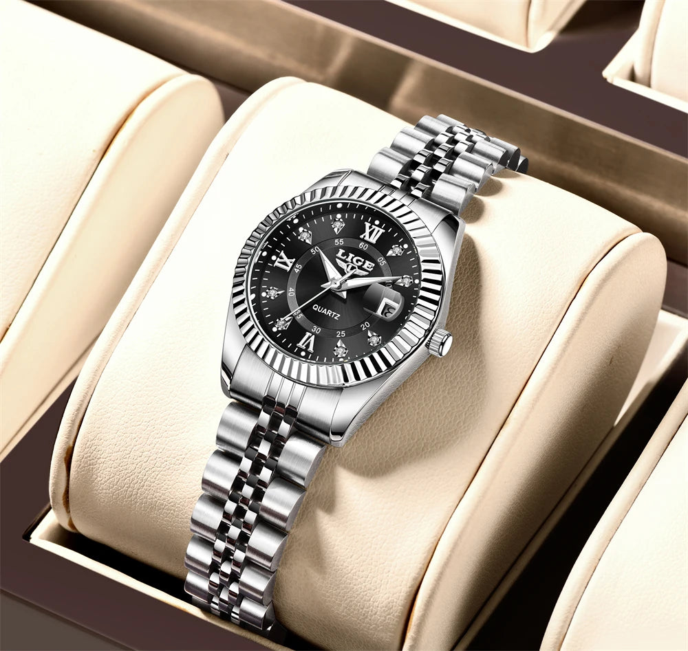 Women's 27mm Fluted Bezel Quartz Date Watch — Silver Tone / Black Dial