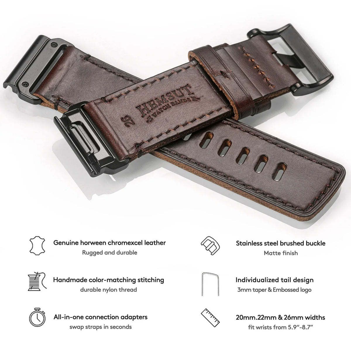 Garmin QuickFit Horween Leather Buckle Band leather stitching, buckle and connector details