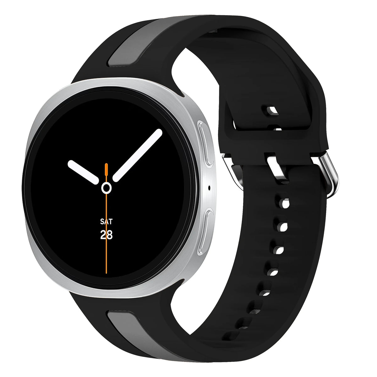 Samsung Galaxy Silicone Two-Tone Sport Watch Band - Watch8/Watch8 Classic/Watch9 in black grey color on a smartwatch.