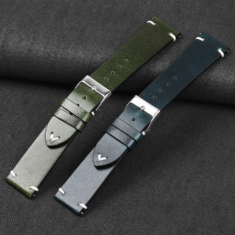 OnePlus Smartwatch Leather Band Quick Release Retro Oil Wax Wristband in green and blue colors on a dark background.