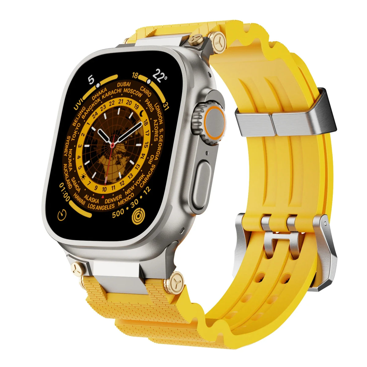Textured Silicone Apple Watch Band with Double-Prong Buckle in Titanium Tone / Yellow