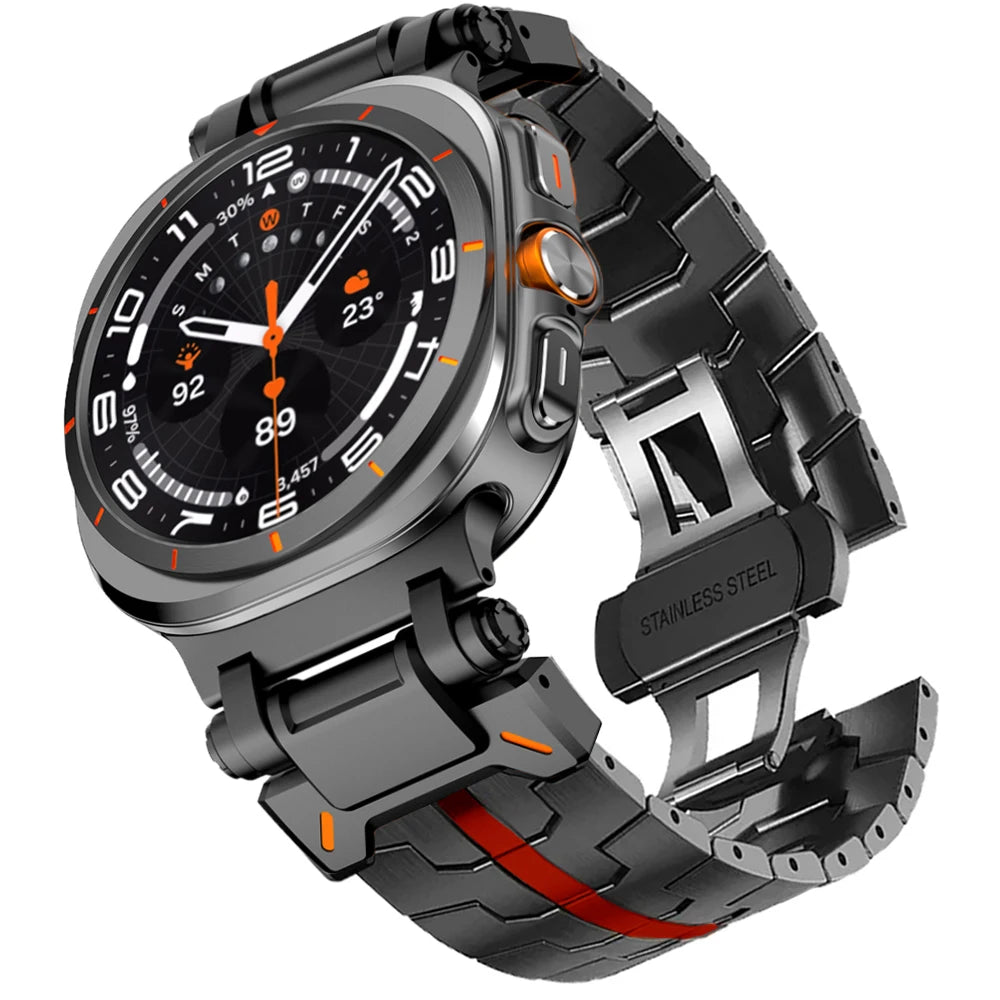 Steel Link Band with Stripe Options in Black / Red Stripe for Samsung Galaxy Watch8, Watch8 Classic and Watch9