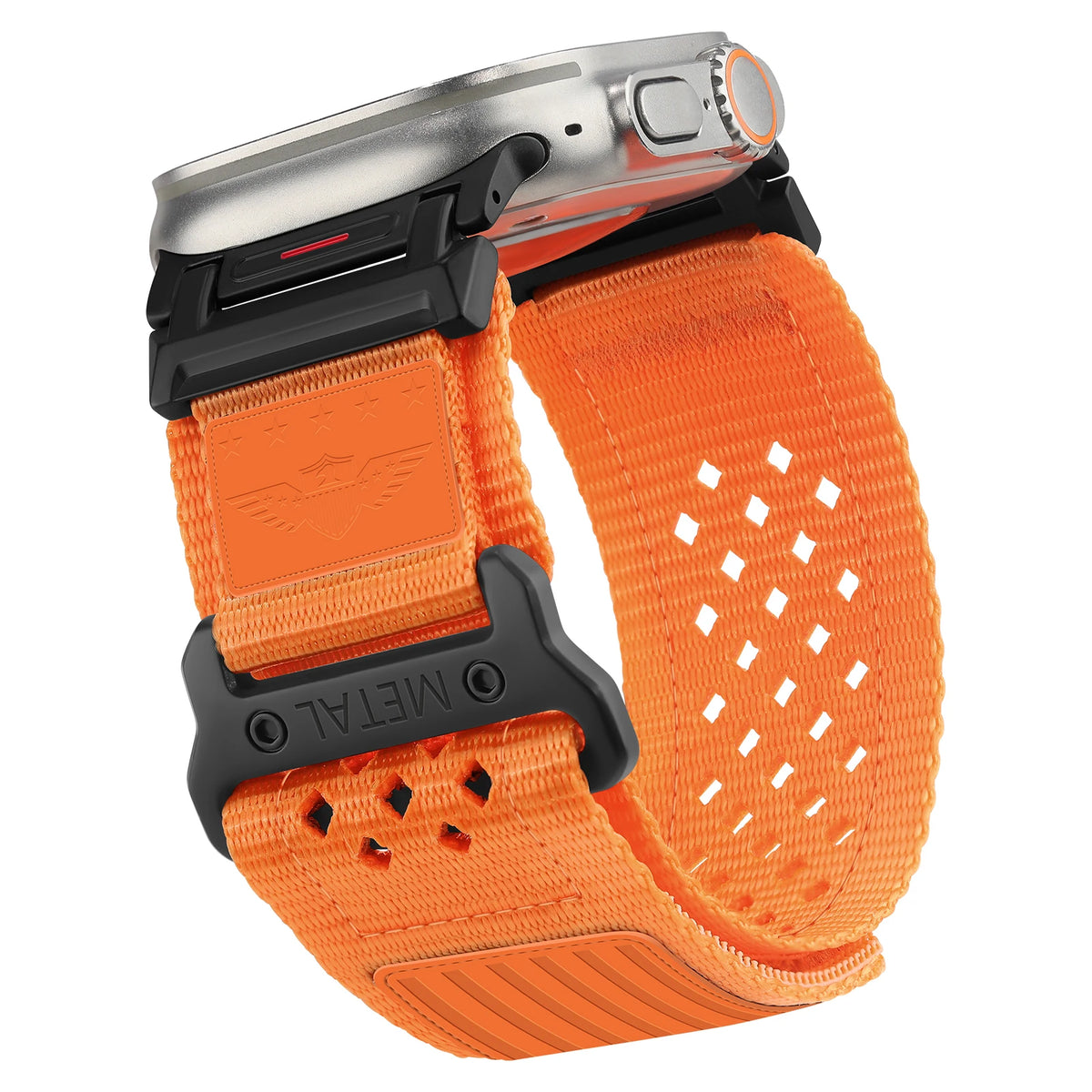 Perforated Nylon Apple Watch Sport Band with Decorative Patches in Orange - Embossed Patch
