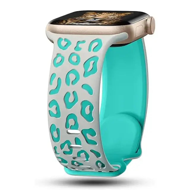 Gray / Turquoise leopard-pattern silicone Apple Watch band