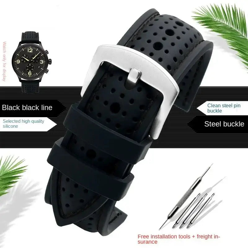Perforated Silicone Band with Stitching in Black / Black Stitching / Silver Buckle for compatible Huawei watches
