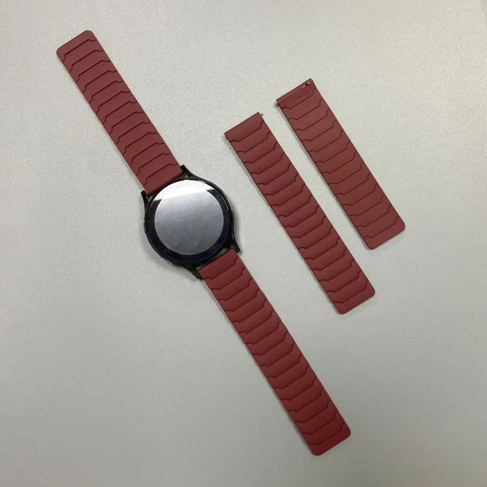 OnePlus Smartwatch Bands, Magnetic Silicone Loop Sport Watch Band Strap in red color with additional strap pieces.