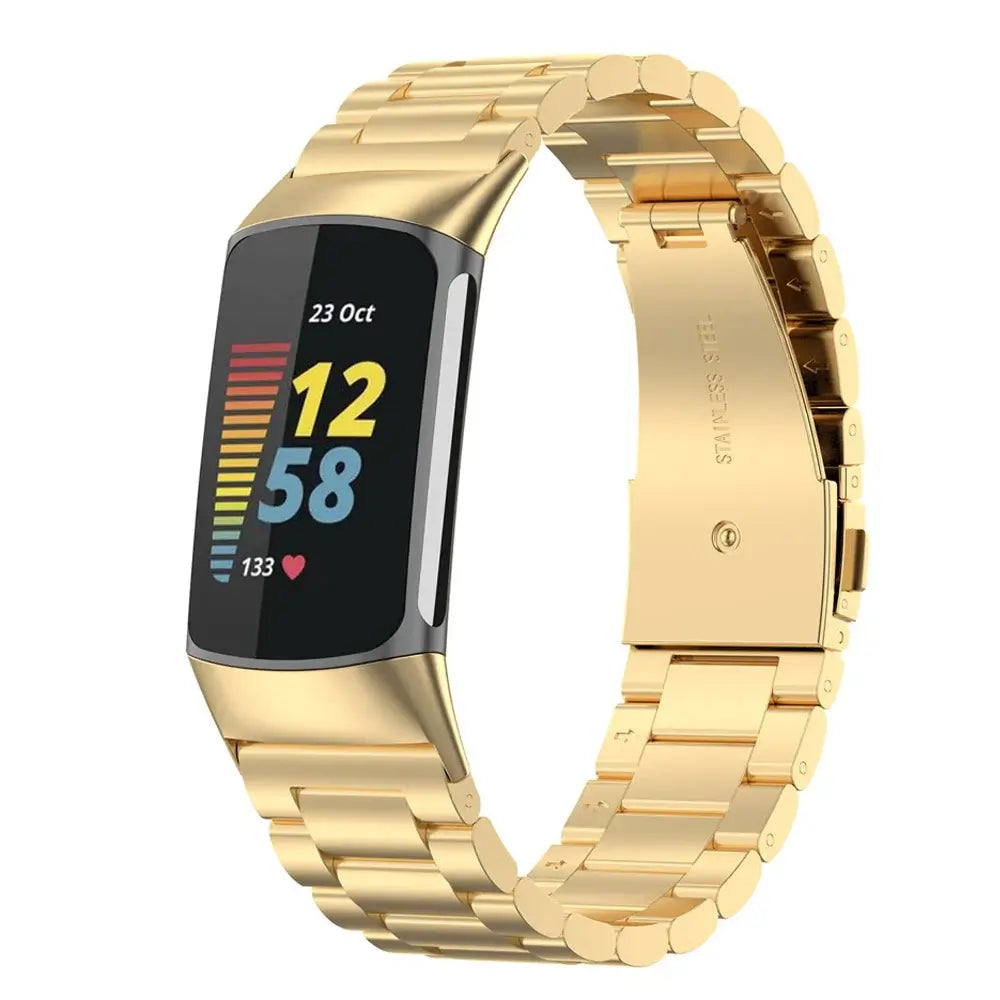 Fitbit Charge 5 & 6 Stainless Steel Three-Link Band gold bracelet shown on a tracker