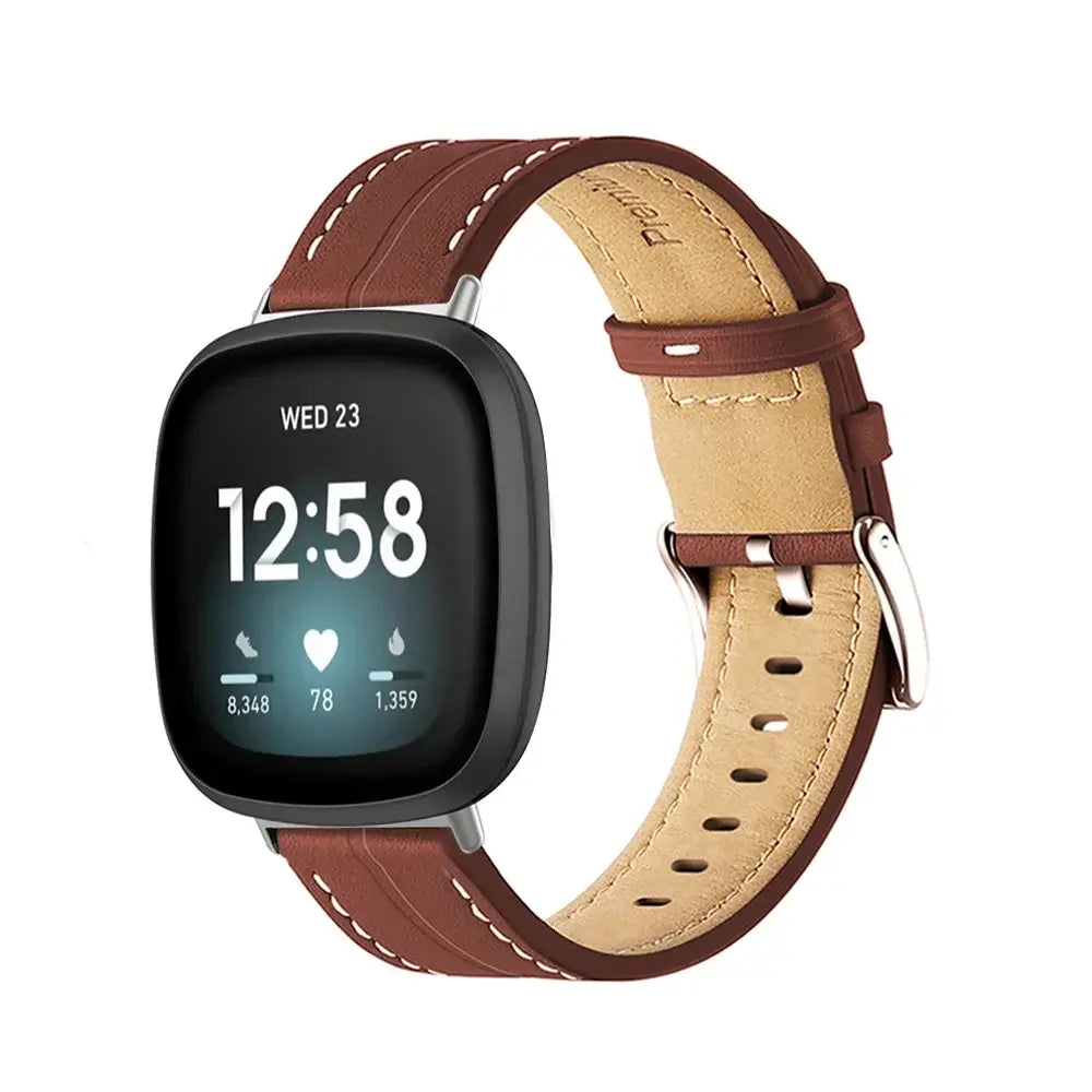 Fitbit Versa & Sense Contrast-Stitched Leather Band - Brown