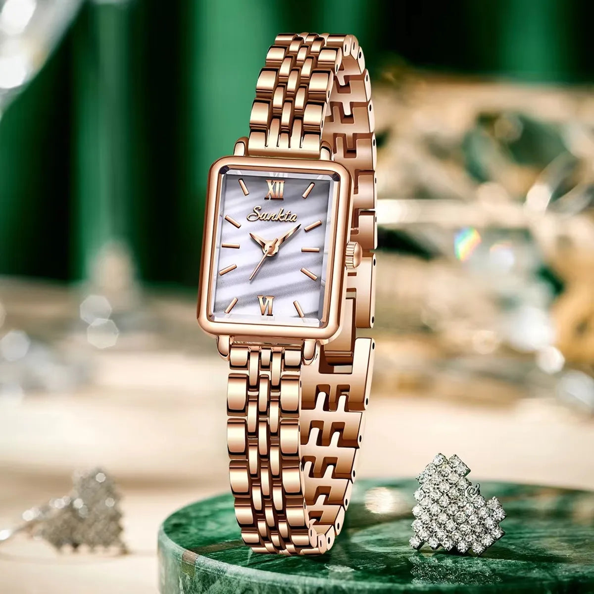 Women's Rectangular Pearl-Effect Dial Watch — Rose gold-tone rectangular watch — BandsCo Straps