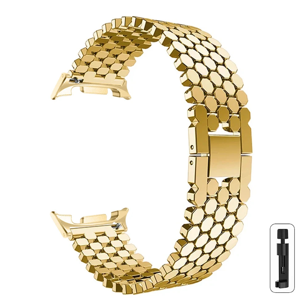 Samsung Galaxy Zinc Alloy Honeycomb Watch Band - Watch8/Watch8 Classic/Watch9/Ultra/Ultra2 in gold color with honeycomb design