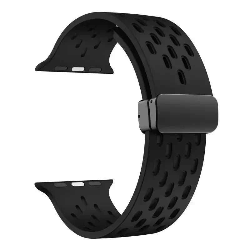 Black perforated silicone Apple Watch band with magnetic clasp