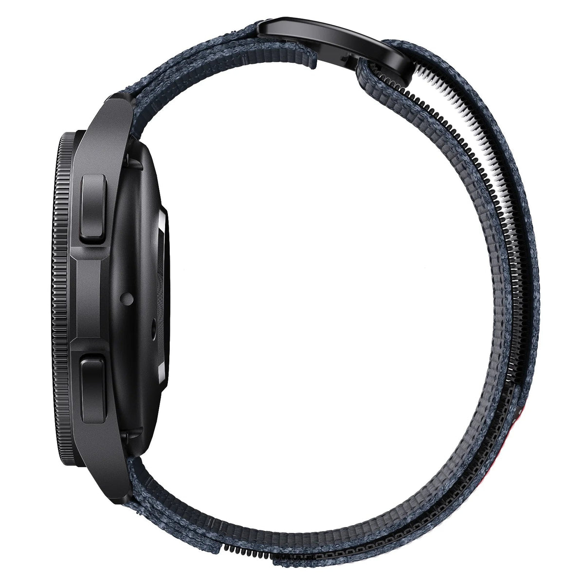 OnePlus Smartwatch Nylon Hook Loop Quick Release Watch Bands Strap on a smartwatch side view, showcasing its sleek design.