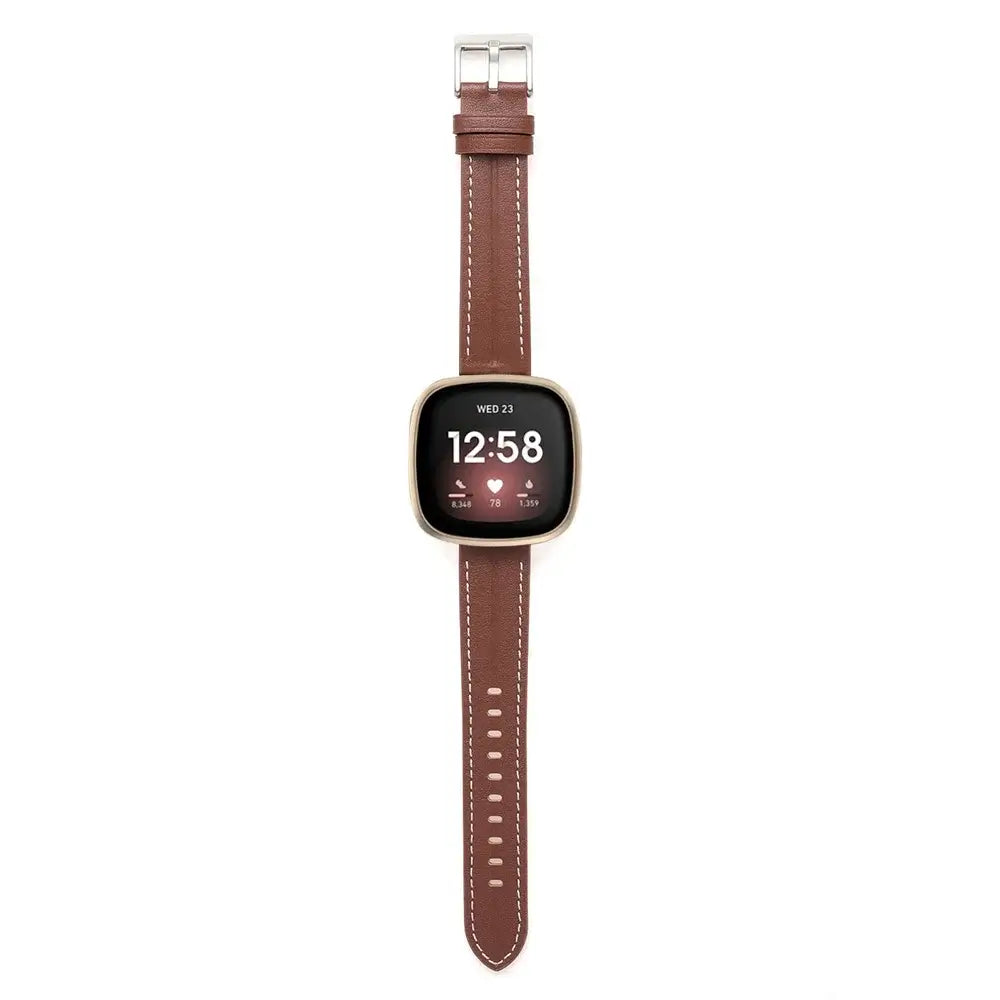 Fitbit Versa & Sense Contrast-Stitched Leather Band - Brown strap and watch laid flat