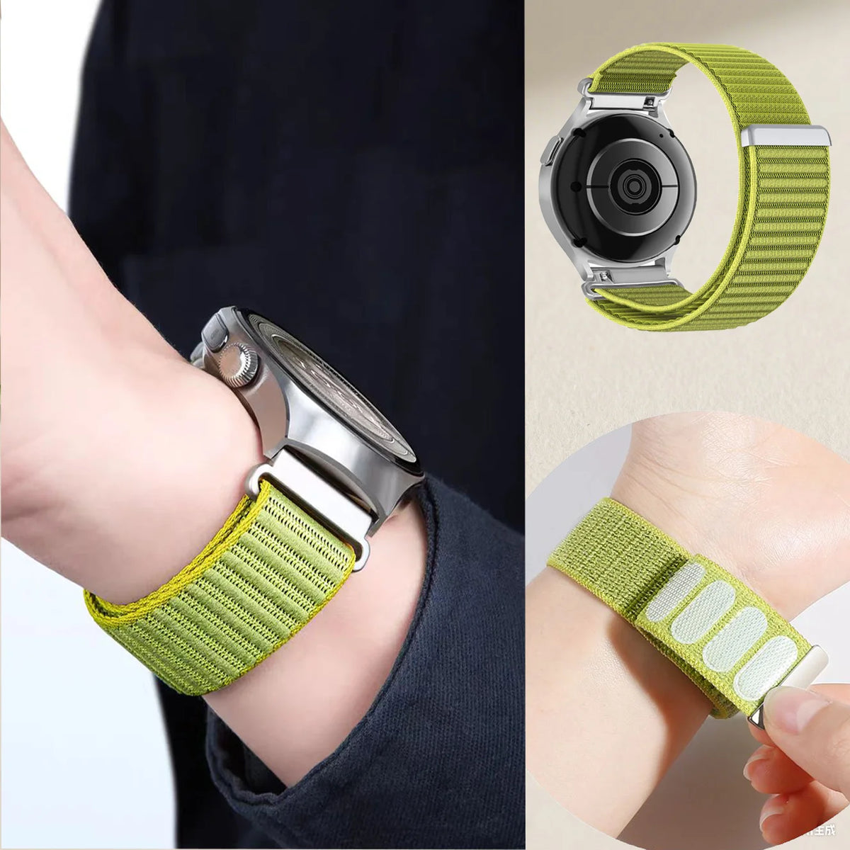 Ribbed Nylon Sport Loop Band for Polar – lime green closure worn on wrist
