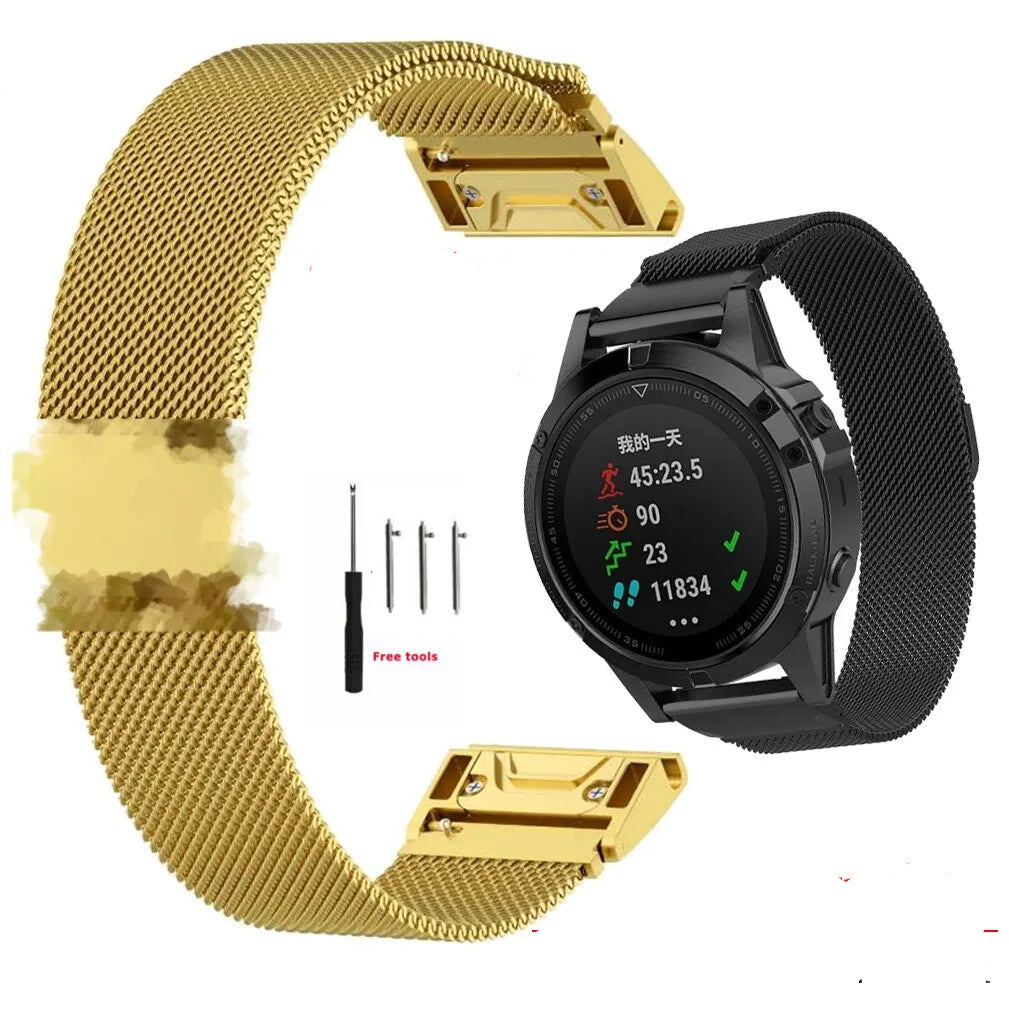 Garmin QuickFit Magnetic Metal Mesh Band gold mesh band with a black band shown on a watch