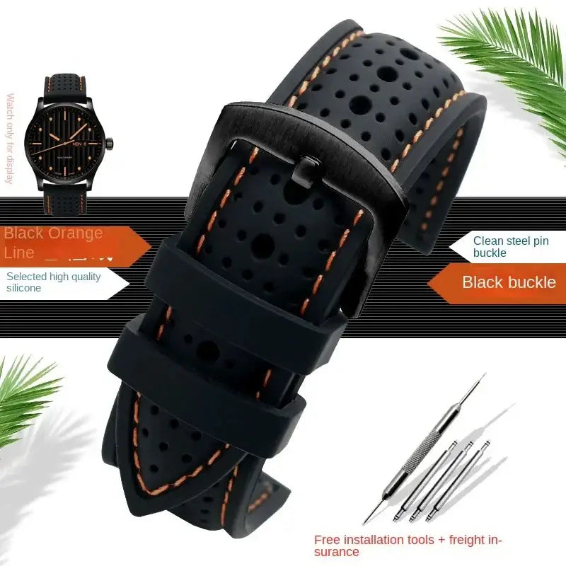 Perforated Silicone Band with Stitching in Black / Orange Stitching / Black Buckle for compatible Huawei watches