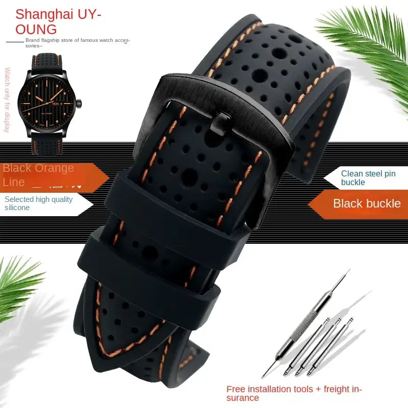 TicWatch Perforated Silicone Band with Stitching - Black / Orange Stitching / Black Buckle