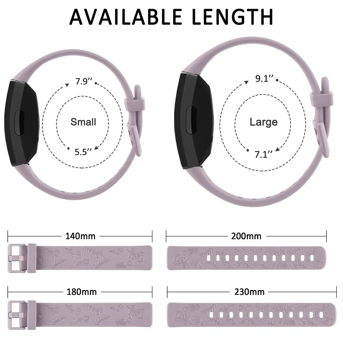Fitbit Inspire 3 Floral-Engraved Silicone Band - Strap size reference diagram