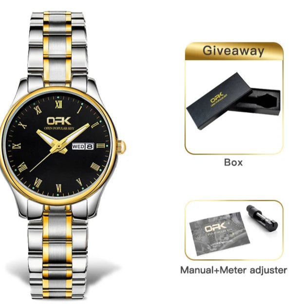 Women's Roman Dial Steel Day-Date Watch — Black dial watch front view — BandsCo Straps