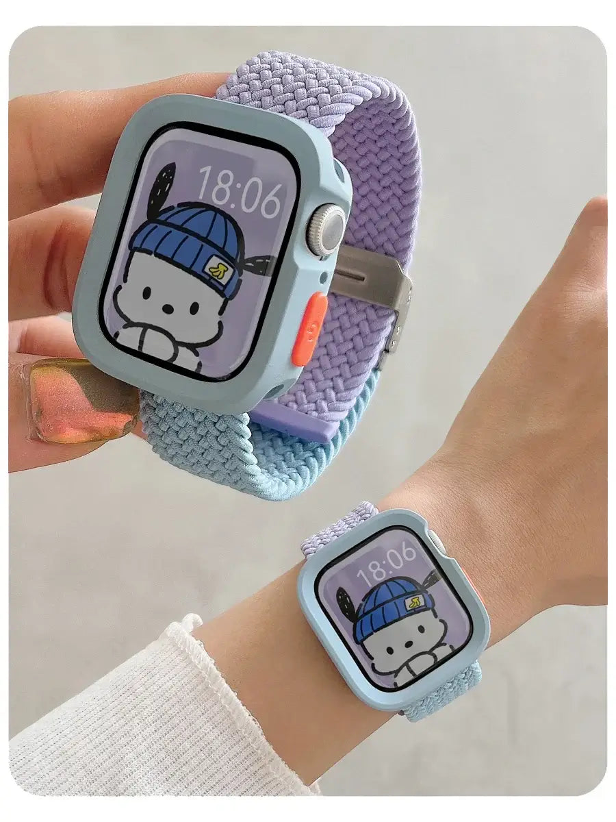 Lilac and light blue woven Apple Watch band with case, shown handheld and on wrist
