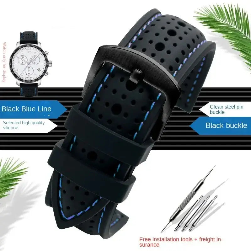 Samsung Galaxy Watch Perforated Stitched Silicone Band in Black / Blue Stitching / Black Buckle