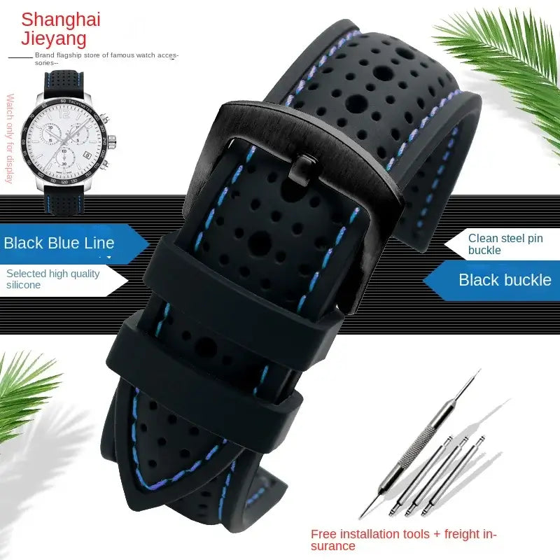 TicWatch Perforated Silicone Band with Stitching - Black / Blue Stitching / Black Buckle